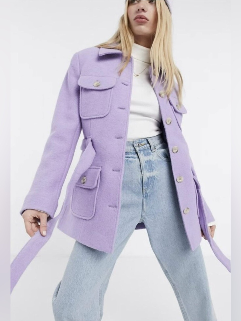 & Other Stories Coat Womens‎ 2 Lilac Purple Wool Belted Jacket Chic Peacoat